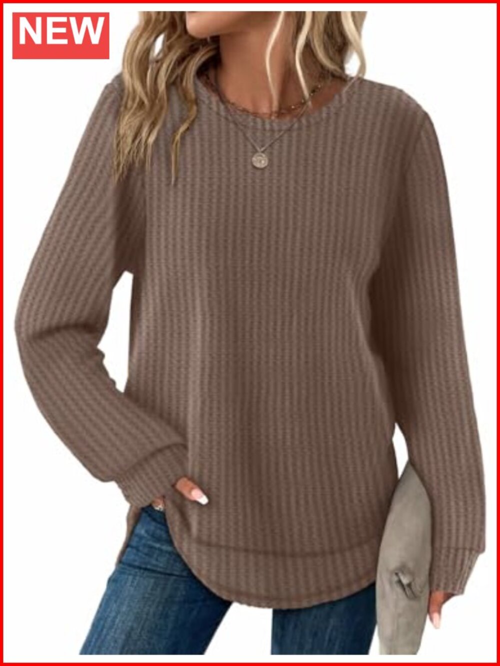 Waffle Knit Tunic Top Long Sleeve Crewneck Loose Fit Curved Hem Lightweight